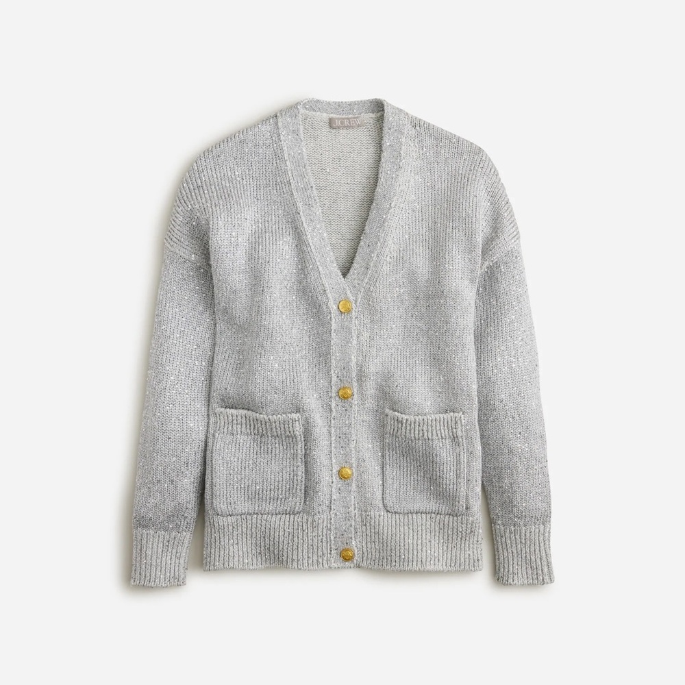 J. Crew Sequin Knit Cardigan Button Front Long Sleeves Sweater Silver Gray Small